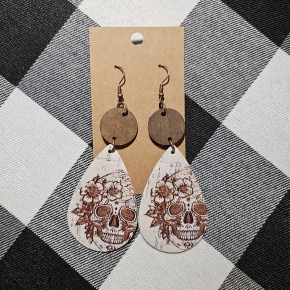 Handmade Faux Leather & Wood Sugarskull White 4in Teardrop & Circle Dangle Earri - Picture 1 of 3
